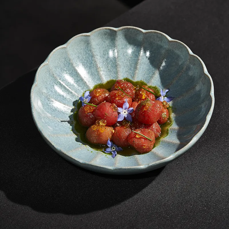 Tomato salad from Akai Brussels. Japanese-Mediterranean fusion rooftop restaurant.