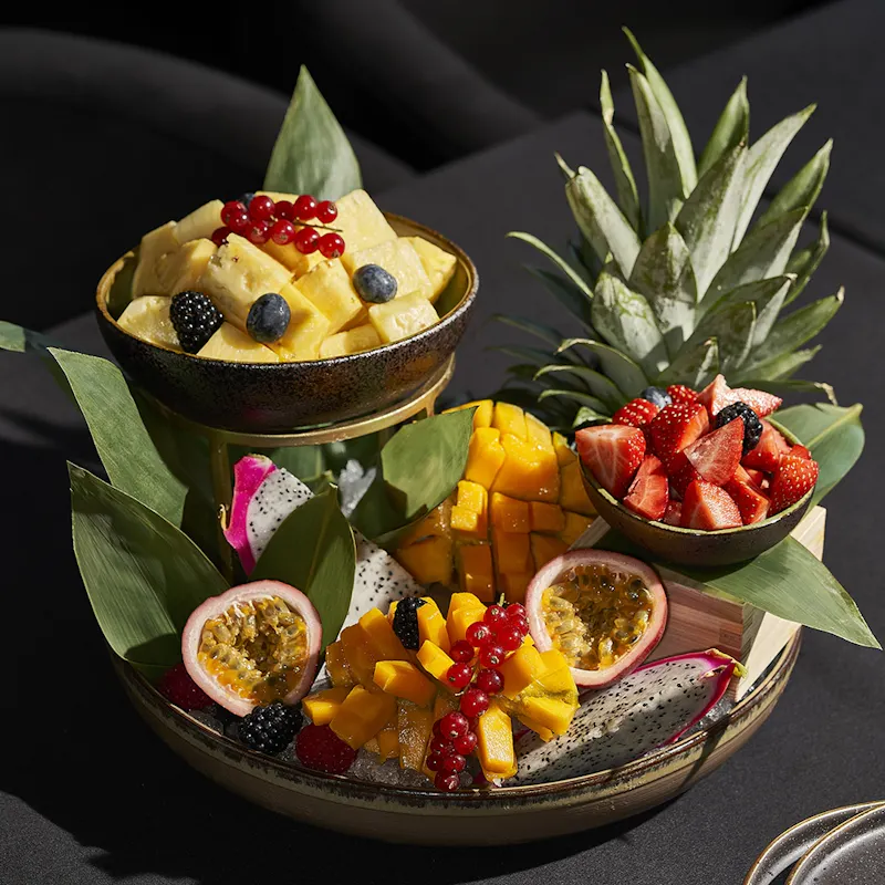 Fruit platter dessert from Akai Brussels. Japanese-Mediterranean fusion rooftop restaurant.