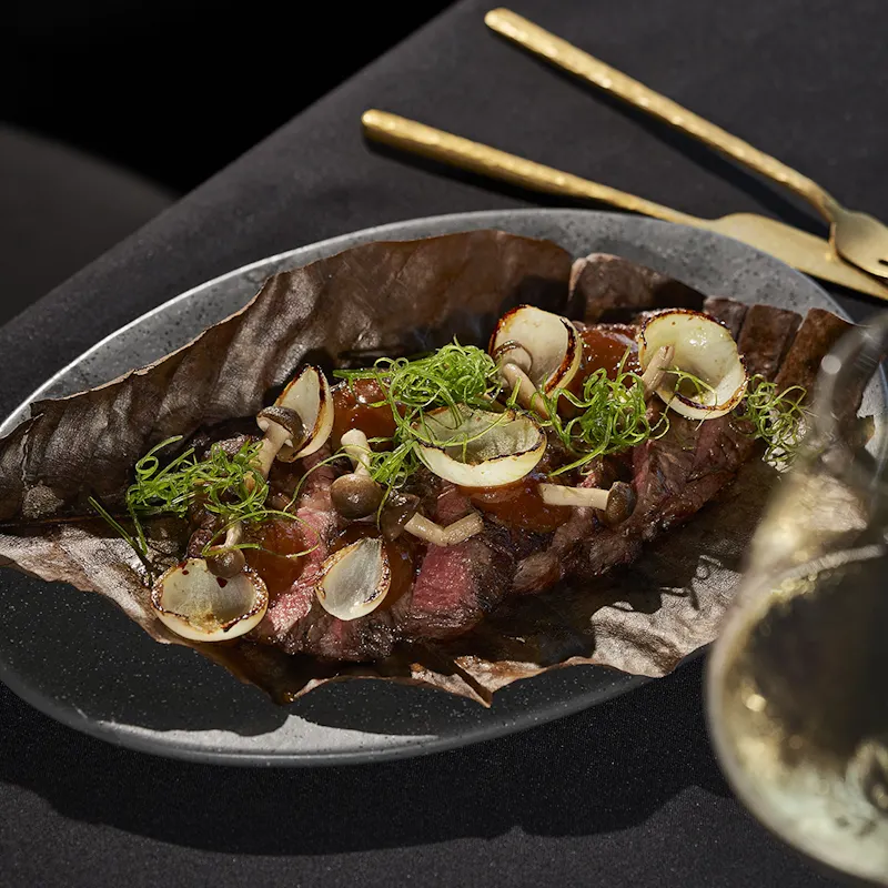 Sirloin steak from Akai Brussels. Japanese-Mediterranean fusion rooftop restaurant.