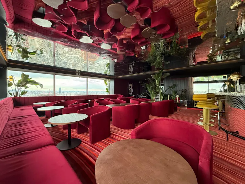 Interiors from Akai restaurant in Brussels. Lounge area in the Japanese-Mediterranean rooftop restaurant.