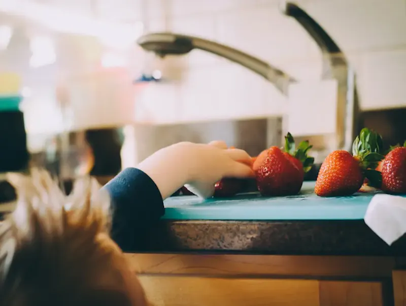 Image of Youpi Bugs child picking strawberries in kitchen | Photo by Kelly Sikkema, on https://unsplash.com/@kellysikkema?utm_source=centralapp&utm_medium=referral