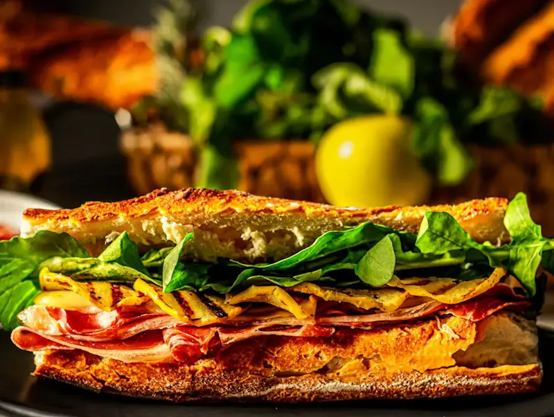 a sandwich with meat, cheese, and lettuce on a plate | Foto de Luis Covarrubias, en https://unsplash.com/@eledeluis?utm_source=centralapp&utm_medium=referral